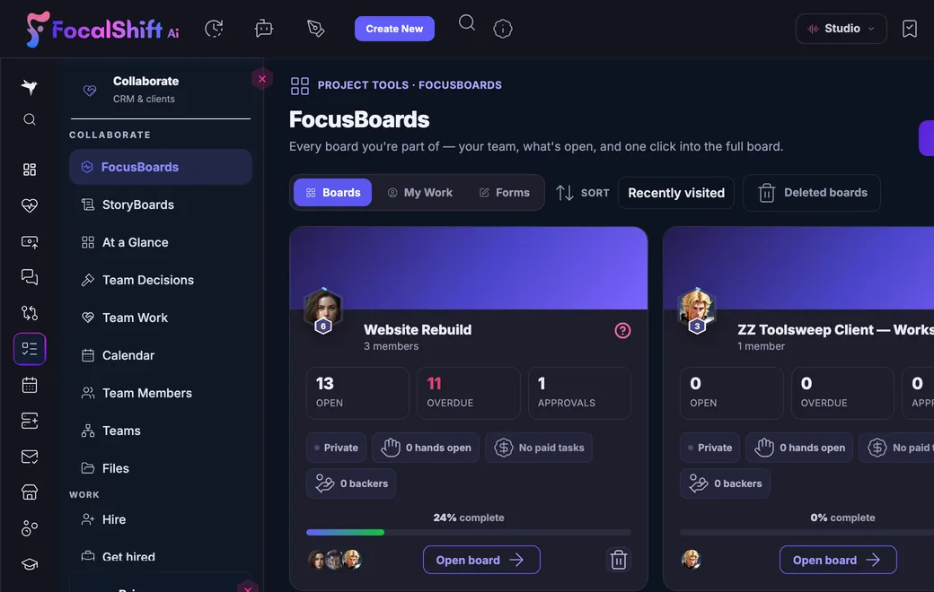 A FocusBoard in the Ember & Oak demo workspace, with three starter tasks.